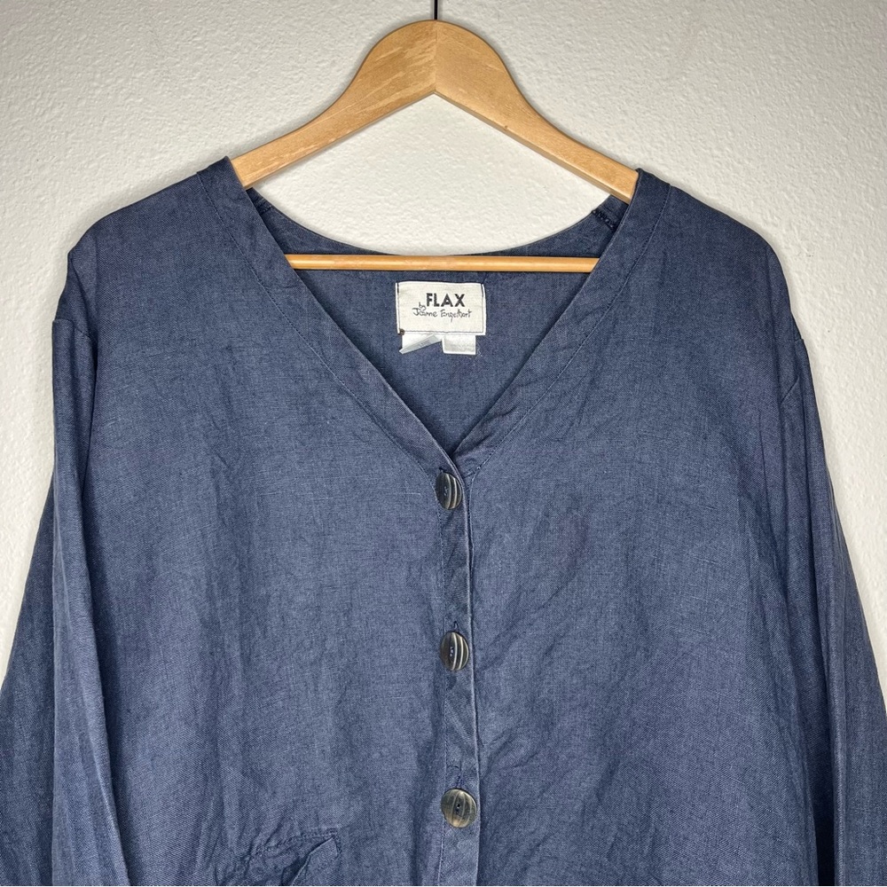 Flax by Jeanne Engelhart Navy Linen Cropped Button Down Cardigan Jacket Top - Picture 3 of 7
